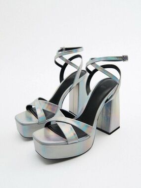 ZARA Holographic Platform Block Heel Sandals - Iridescent Silver